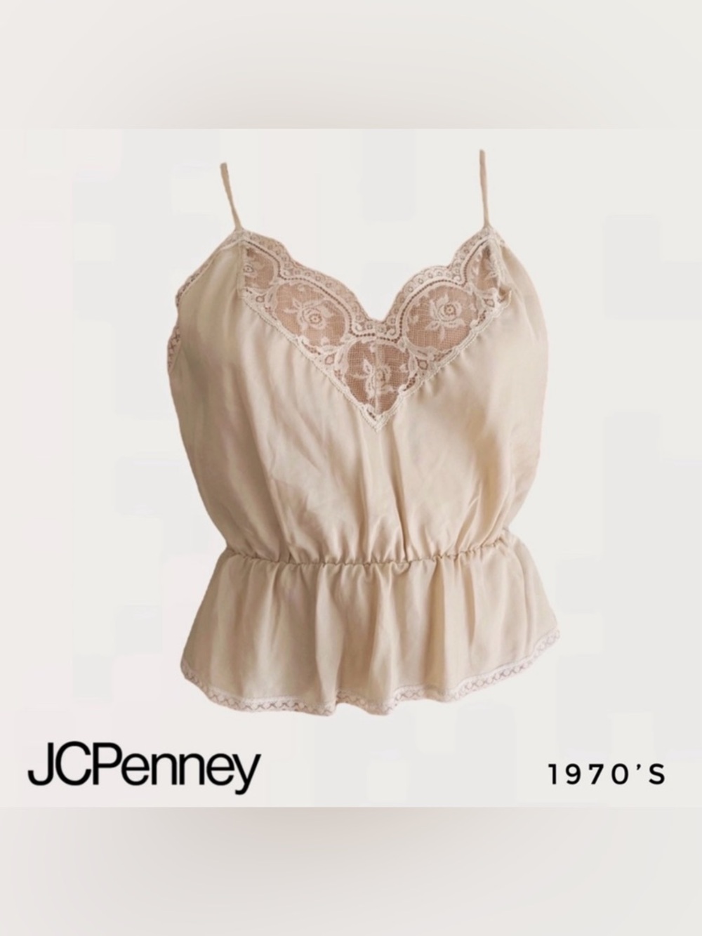 Vintage 1970s JCPenney Union Made Lace Nylon Cami Tank Top in Beige Cream sz Med
